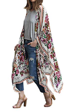 Hibluco Women's Sheer Chiffon Floral Kimono Cardigan Long Blouse Loose Tops Outwear (Small, K 9) at Amazon Women’s Clothing store: