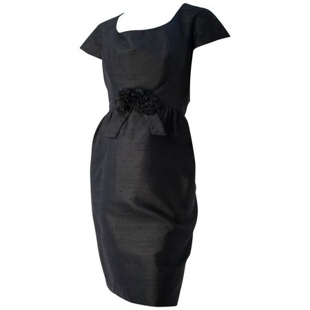50s Black Silk Shantung Short Sleeve Cocktail Dress For Sale at 1stdibs