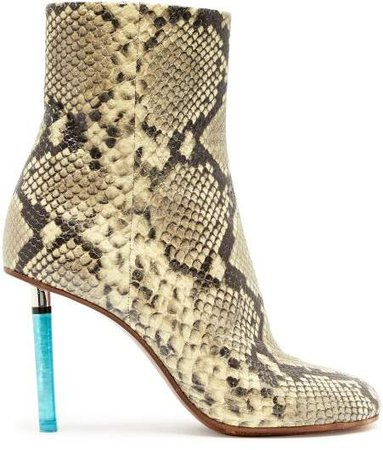 Python Effect Lighter Heel Leather Ankle Boots - Womens - Python