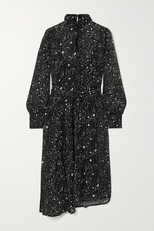 Solange Asymmetric Metallic Printed Plisse-chiffon Dress - Black