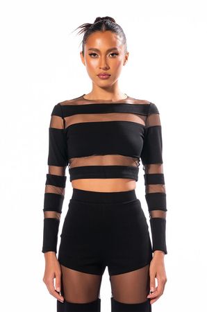 CUT TO THE CHASE MESH PANEL LONG SLEEVE CREW NECK TOP IN BLACK