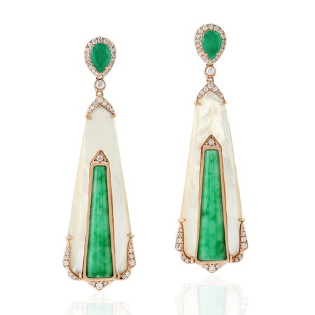 18Kt Solid Rose Gold Natural Pearl Jade Emerald Dangle Earring Women Jewelry | Artisan | Wolf & Badger