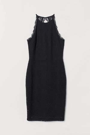 Lace Halterneck Dress - Black