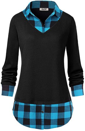 DJT Women's Contrast Plaid Collar 2 in 1 Blouse Tunic Tops at Amazon Women’s Clothing store