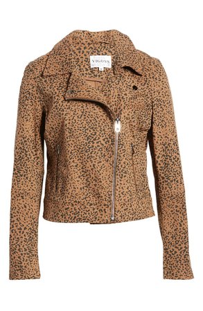 Vigoss Leopard Print Denim Moto Jacket leopard brown