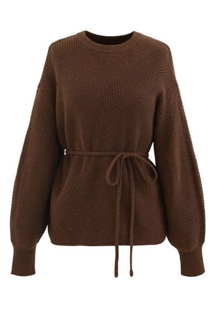Cozy Ribbed Knit Sweater with String in Brown - Retro, Indie and Unique Fashion