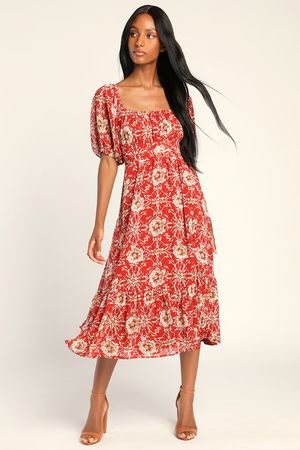 Rust Red Midi Dress - Floral Print Dress - Tie-Back Dress - Lulus
