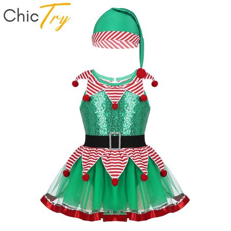ChicTry Kids Christmas Holiday Elf Costume Sequined Striped Mesh Dance Leotard Tutu Dress Hat Set Girls Stage Performance ...