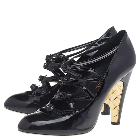 Chanel Black Patent Leather Cage Heel Strappy Pumps
