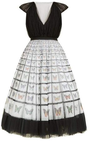 Caged Beauty Butterfly Print Tulle Midi Dress - Womens - White Multi