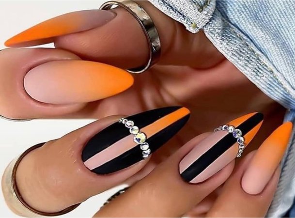Matte Orange & Black Nails