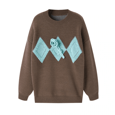 brown and light blue sweater with rose