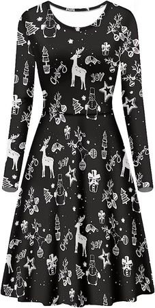 Amazon.com: TWIKVASTA Womens Long Sleeve Casual A-Line Christmas Dress Midi Xmas Party Dress S-4XL : Clothing, Shoes & Jewelry