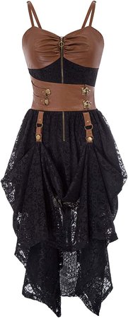 Amazon.com: SCARLET DARKNESS Womens Gothic Steampunk Dress Splice Faux Leather High-Low Hem Lace Dresses : Clothing, Shoes & Jewelry