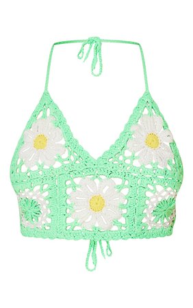 Green Flower Crochet Crop Top | Knitwear | PrettyLittleThing CA