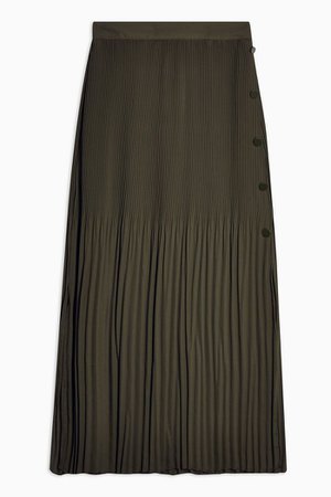 Khaki Pleat Side Button Midi Skirt | Topshop khaki
