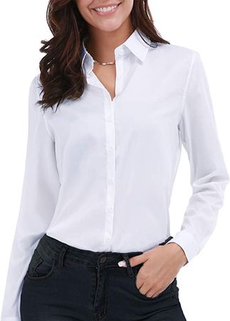 Gemolly Women's Basic Button Down Shirts Long Sleeve Plus Size Simple Cotton Stretch Formal Casual Shirt Blouse White XL at Amazon Women’s Clothing store
