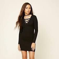 black long sleeve lace up bodycon dress