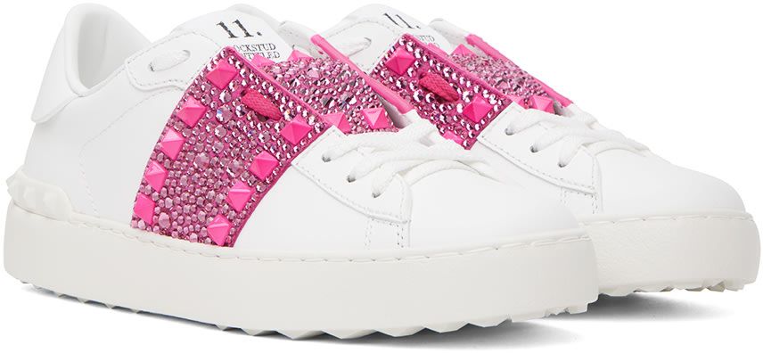 Valentino Garavani: White & Pink Rockstud Untitled Sneakers | SSENSE Canada