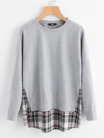 Drop Shoulder Checkered Hem Heathered Sweatshirt
