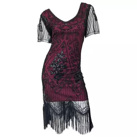 1990s Does 1920s Black and Red Burgundy Lace Beaded Fringe Vintage Flapper Dress For Sale at 1stDibs | burgundy flapper dress