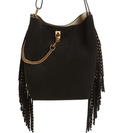 Givenchy Medium GV Studded Fringe Calfskin Bucket Bag Black