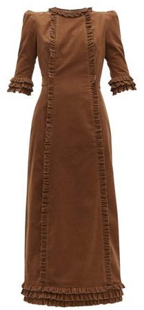 Cate Ruffle Trim Corduroy Cotton Midi Dress - Womens - Beige