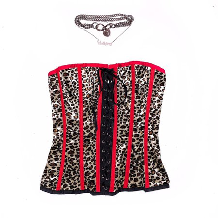 90s Vintage leopard + red trims boned bustier🧸... - Depop