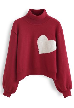 Embroidered Heart High Neck Knit Sweater in Red - Retro, Indie and Unique Fashion