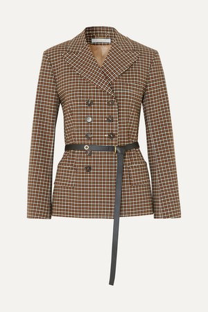 Belted Double-breasted Checked Woven Blazer - Brown