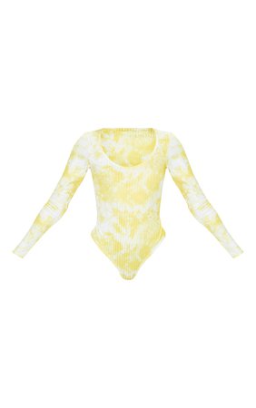 Pale Yellow Acid Wash Slinky Rib Long Sleeve Bodysuit | PrettyLittleThing USA
