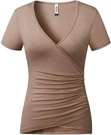 Beauhuty Women's Top Deep V Neck Slim Fitted Ruched T-Shirts Front Surplice Wrap Short Sleeve Tees (L, Short-Light Coffee) at Amazon Women’s Clothing store