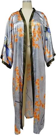 Vakkest Women's Floral Print Kimono Cardigan Boho One Size Long Open Front Robe Cover Ups Dress Flowy Loose Satin Outerwear at Amazon Women’s Clothing store