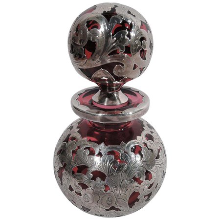Antique Gorham Art Nouveau Red Silver Overlay Cologne Bottle For Sale at 1stDibs