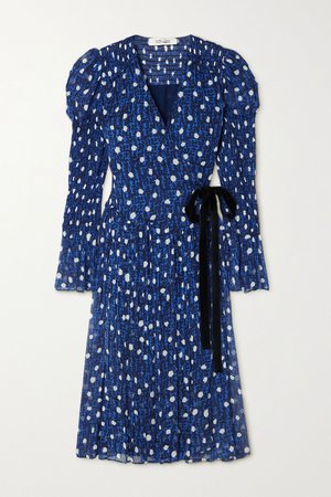 Navy Ani velvet-trimmed printed chiffon wrap dress | Diane von Furstenberg | NET-A-PORTER