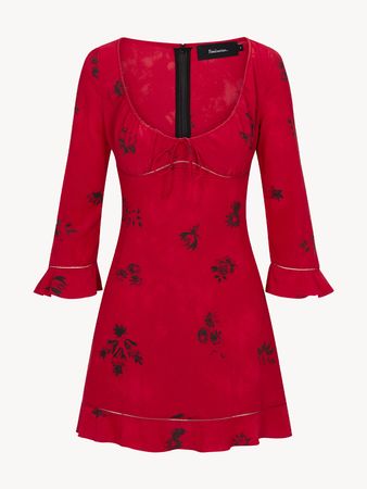 Sofia Passion | Red floral stretch silk sleeve frill mini dress | Réalisation