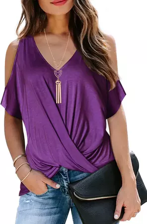 LEIYEE Womens Summer Cold Shoulder Tops Sexy Casual Short Sleeve V Neck Front Twist Knot T Shirts Blouse Dark Purple L at Amazon Women’s Clothing store