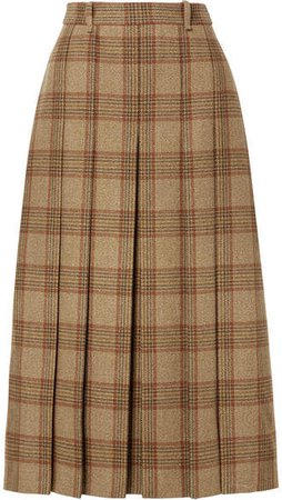 Belted Checked Wool Midi Skirt - Beige