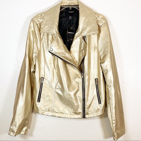 Forever 21 Jackets & Coats | Forever2 Gold Faux Leather Moto Jacket 2x | Poshmark