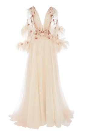 Pamella Roland Embroidered Crystal And Feather Gown