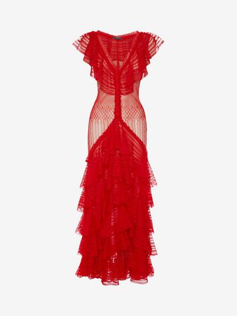 ‎‎‎‎Women‎'s ‎Lust Red ‎ ‎Engineered Sheer Lace Dress ‎ | Alexander McQueen