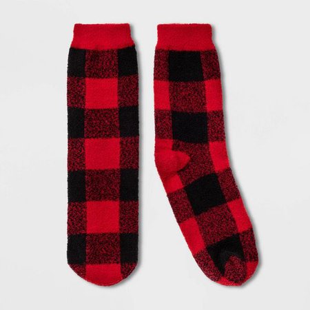 Women's Buffalo Check Plaid Cozy Crew Socks With Gift Card Holder - Wondershop™ Red/Black 4-10 : Target