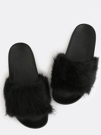 Fluffy Faux Fur Sandals BLACK