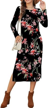 Naggoo Women Long Sleeve T Shirt Midi Dress Casual Plain Dressy Split Crewneck Maxi Dresses with Pockets at Amazon Women’s Clothing store