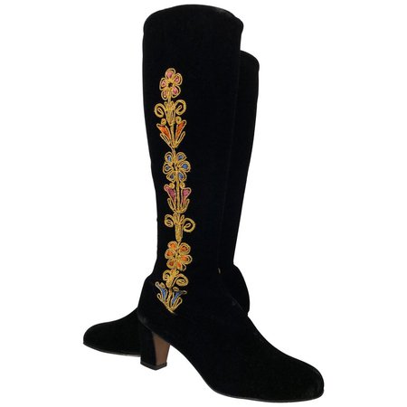 Black Velvet Knee-High Boots With Romantic Floral Cord Embroidery, 1960s For Sale at 1stdibs