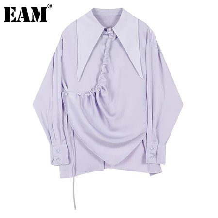 [Eam] feminino tamanho grande cordão blusa roxa nova lapela manga longa solto ajuste camisa moda maré primavera outono 2021 1dd4301|Camisa| - AliExpress