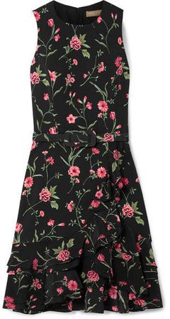 Belted Ruffled Floral-print Crepe Mini Dress - Black
