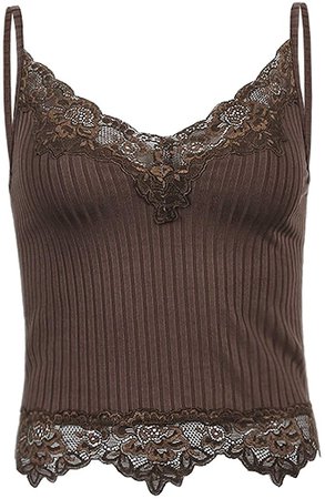 Lace Patchwork Brown Crop Top Y2k Clothes Fairy Grunge Style Cropped Tees Cami Ribbed Knitted Tank Tops at Amazon Women’s Clothing store