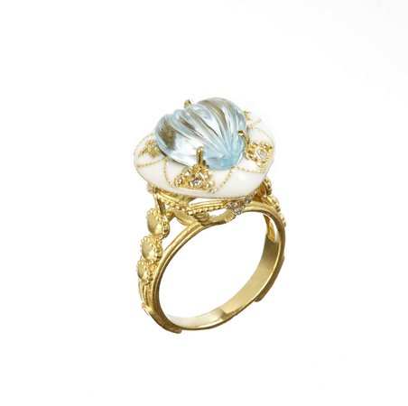 Stambolian Blue Topaz and White Enamel Heart Ring Yellow Gold For Sale at 1stDibs