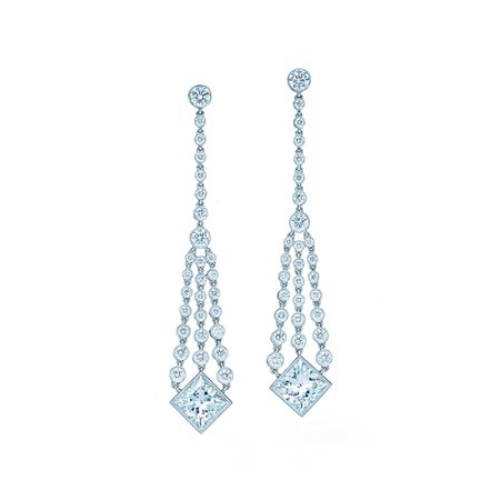 Diamond chandelier earrings of princess-cut and round diamonds in platinum. | Tiffany & Co.